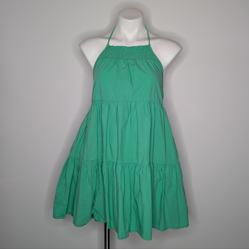 American Eagle Green Tiered Tie Neck Halter Cotton Mini Dress S